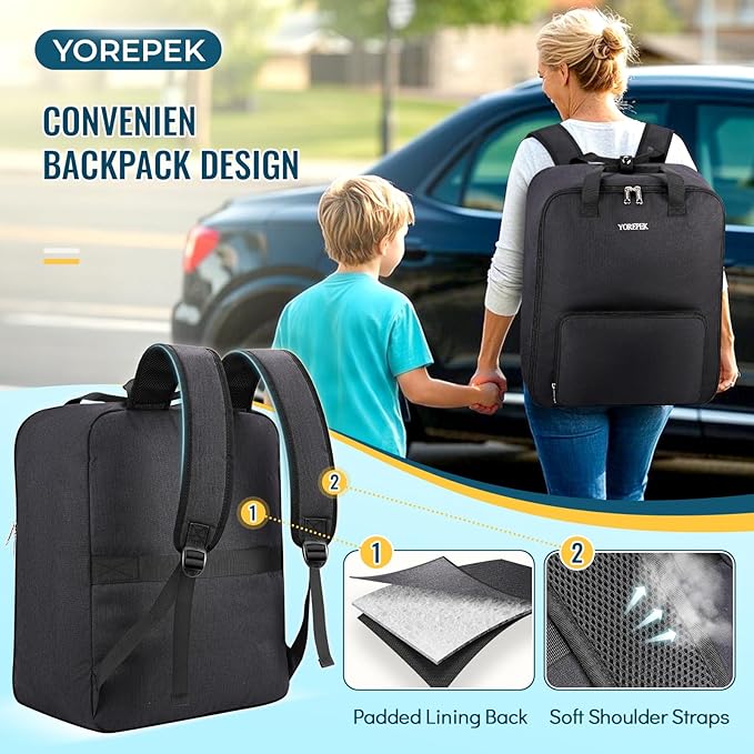 YOREPEK Backless Booster Car Seat Travel Bag Backpack for Airplane, Foldable Booster Car Seat Cover with Lauggage Strap, Compact Stroller Bag for Airplane Fits for Gb Pockit(All Black)