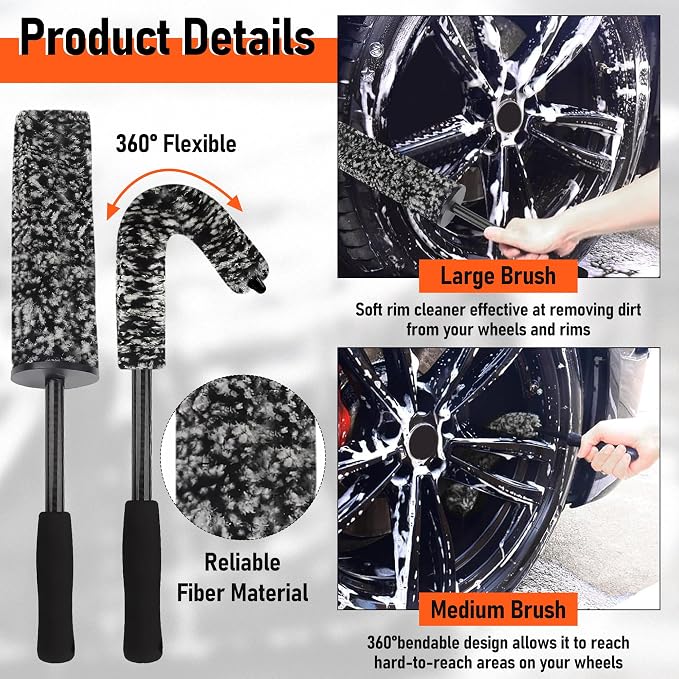 Car Wheel Cleaning Brush - 8PCS Car Wheel Tire Rim Cleaner Pro Wash Kit with Soft-bristled Detailing Crevice Brushes Stone Scraper Carry Bag, Auto Vehicle Cleaning Washing Tools Supplies