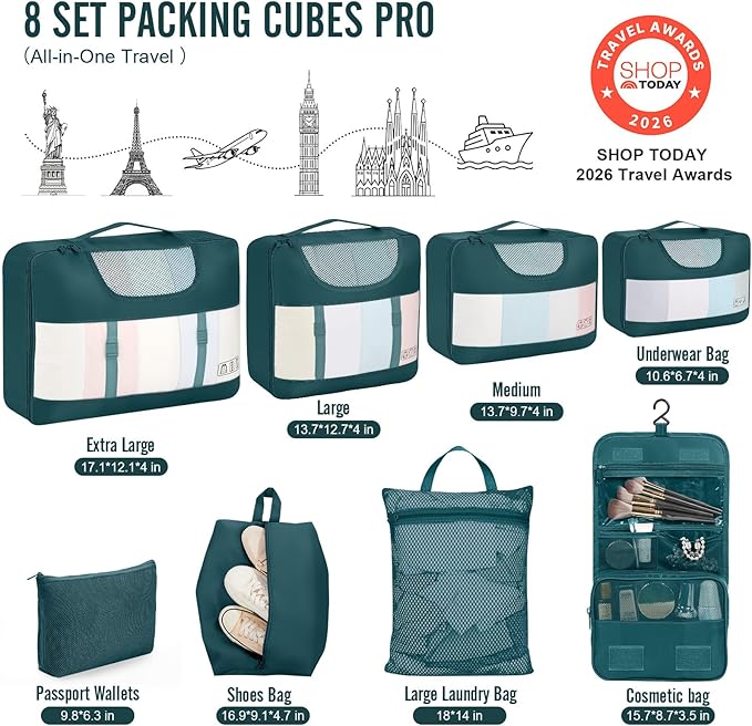 Veken 8 Set Packing Cubes for Travel Essentials,Anti-Wrinkle Buckled Suitcase Organizer for Shoe & Toiletry Bag,Carry On Luggage Bag with 99+ Count Mesh Holes for Airplane & College Dorm Accessories