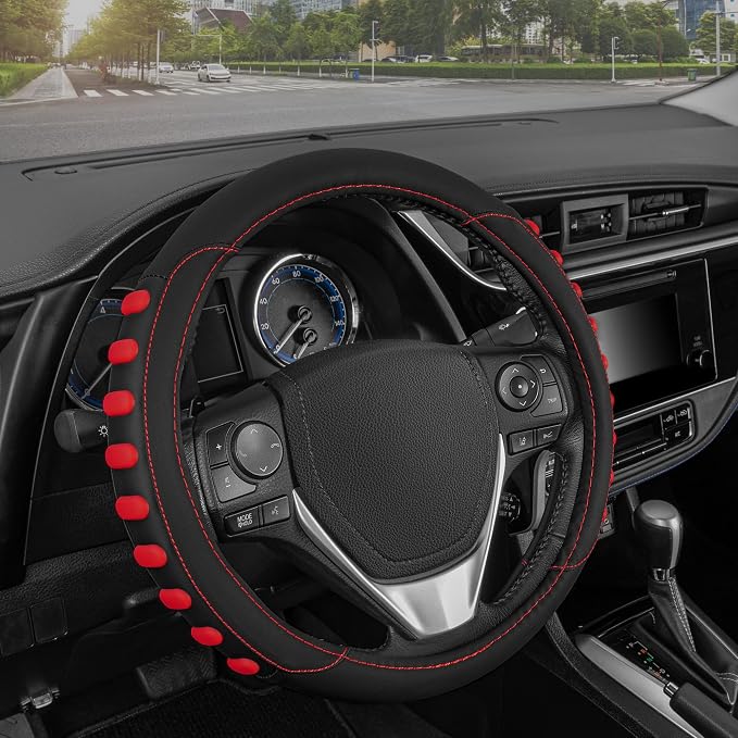 Motor Trend FlexGrip Red Steering Wheel Cover for Cars – Standard 15 inch Car Steering Wheel Cover, Red and Black Steering Wheel Protector for Auto Truck Van SUV