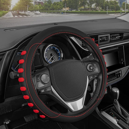 Motor Trend FlexGrip Red Steering Wheel Cover for Cars – Standard 15 inch Car Steering Wheel Cover, Red and Black Steering Wheel Protector for Auto Truck Van SUV