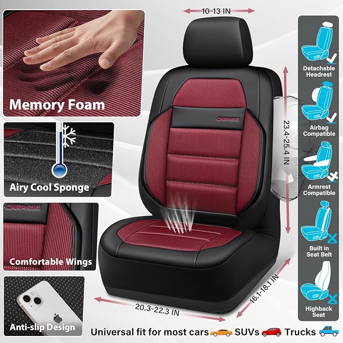 CAR PASS Memory Foam Seat Covers Front, Airy Cool Mesh Thick Car Seat Covers, Leather Car Seat Covers Front Seats Airbag Compatible, Universal Automotive Comfort for Most Cars, Trucks, SUV, Burgundy