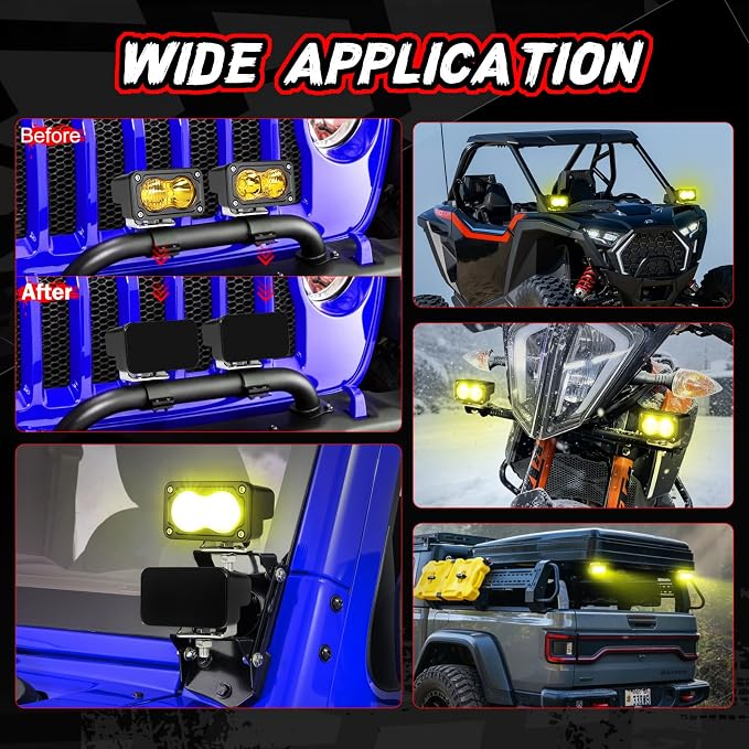 LED Pods Yellow with Wiring Harness & Black Covers 2Pcs 3 Inch Off Road Driving Light Bar LED Work Light Cube Waterproof Combo Yellow Fog Pod Lights for Truck ATV UTV Motorcycle Boat