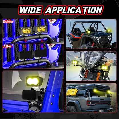LED Pods Yellow with Wiring Harness & Black Covers 2Pcs 3 Inch Off Road Driving Light Bar LED Work Light Cube Waterproof Combo Yellow Fog Pod Lights for Truck ATV UTV Motorcycle Boat