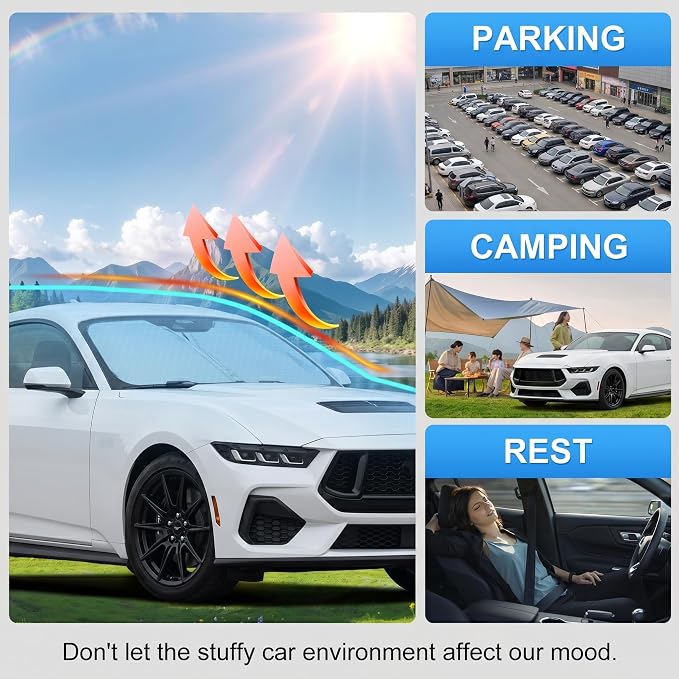 Custom Fit Windshield Sun Shade for Ford Mustang 2015-2026 | Custom Fit Windshield Cover, Blocks UV Rays, Double-Layer Heat Shield, Durable Frame, Easy Fold & Storage
