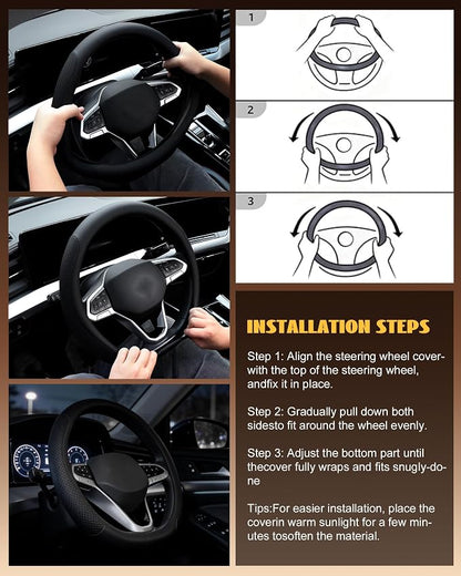 Car Leather Steering Wheel Cover, Genuine Embossed Leather with Anti-Slip Lining, Universal 15 Inch, Fits SUVs, Vans, Sedans, Trucks, Black