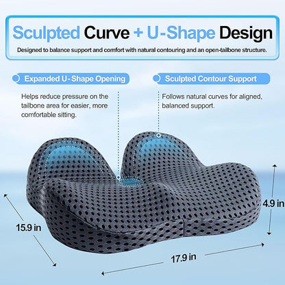 Ergonomic Memory Foam Seat Cushion Hemorrhoid Pillow for Hip Sciatica and Tailbone Pain Relief for Office Chair Car and Home (Grey)