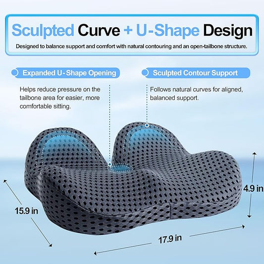 Ergonomic Memory Foam Seat Cushion Hemorrhoid Pillow for Hip Sciatica and Tailbone Pain Relief for Office Chair Car and Home (Grey)