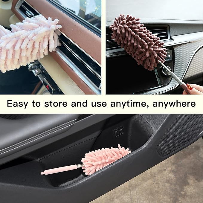 2PCS Car Interior Duster with Extension Pole, Microfiber Retractable Dusters Auto Dash Cleaning Tool, Soft Chenille Hand Washable Dusters for Vehicle Window Office Furniture (Pink)
