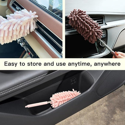 2PCS Car Interior Duster with Extension Pole, Microfiber Retractable Dusters Auto Dash Cleaning Tool, Soft Chenille Hand Washable Dusters for Vehicle Window Office Furniture (Pink)