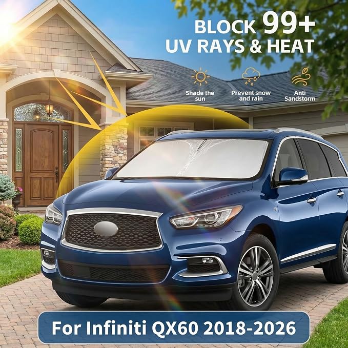 Windshield Sun Shade for Infiniti QX60 2018-2024 2025 2026 Sunshade Front Window Shade Custom Fit QX60 Accessories Sun Visor Foldable Shade Blocks UV Rays Accessories