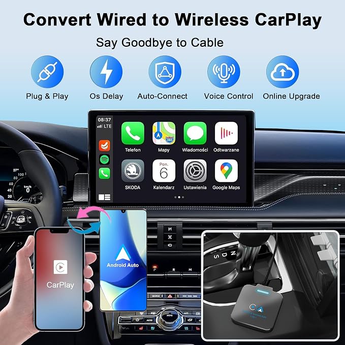 Android Auto & CarPlay Wireless Adapter - 2 in 1 Wireless for iPhone & Android, Plug & Play for Factory Wired Cars - Supports iOS 10+