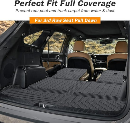 KUST Floor Mats Set for Kia Sorento 2021-2025 2026 (6 Seater, Not for Hybrid), All Weather Rear Trunk Cargo Liner with 2nd Row Back Seat Protector Full Set Car Mats Accessories TPE Rubber Raised Edge