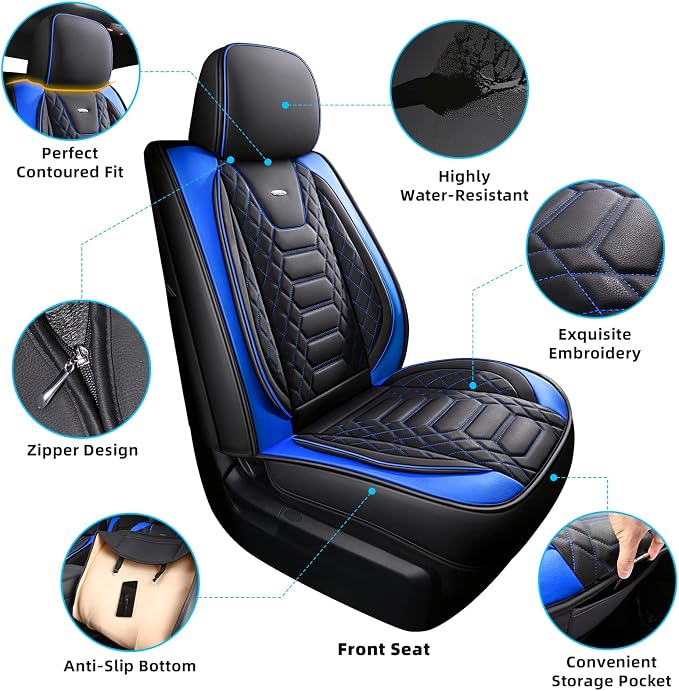 FREESOO Tundra Seat Covers 2 Front Set, Fit for Toyota Tundra 2007-2021 Crewmax Cab, Custom Truck Seat Covers with Waterproof Faux Leather BlackBlue
