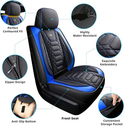 FREESOO Tundra Seat Covers 2 Front Set, Fit for Toyota Tundra 2007-2021 Crewmax Cab, Custom Truck Seat Covers with Waterproof Faux Leather BlackBlue