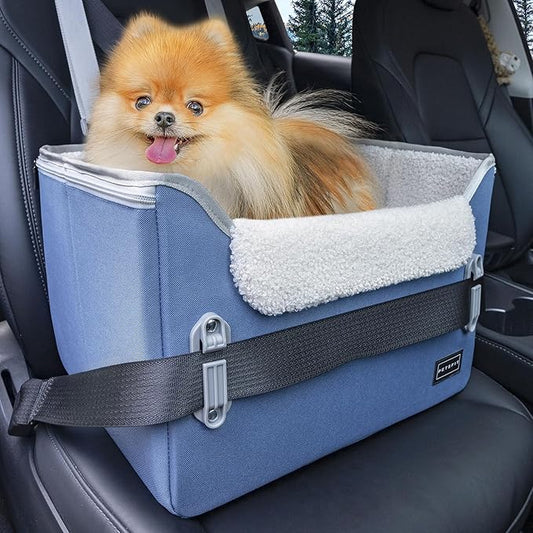PETSFIT Dog Car Seats for Small Dogs–Patented Safety Buckles–Safety Tether–Foldable Travel Dog Booster Car Seat Reduces Anxiety & Road Trips–Stable Frame, Soft Cushion, Fits Front/Back Seat(Navy Blue)