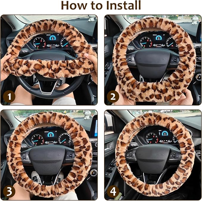 Accmor Fuzzy Car Steering Wheel Cover, Universal Fit Fur Auto Wheel Cover & Handbrake Cover & Gear Shift Cover Set, Leopard Warm Fluffy Vehicle Wheel Protector Car Accessories for Men Women (Brown)