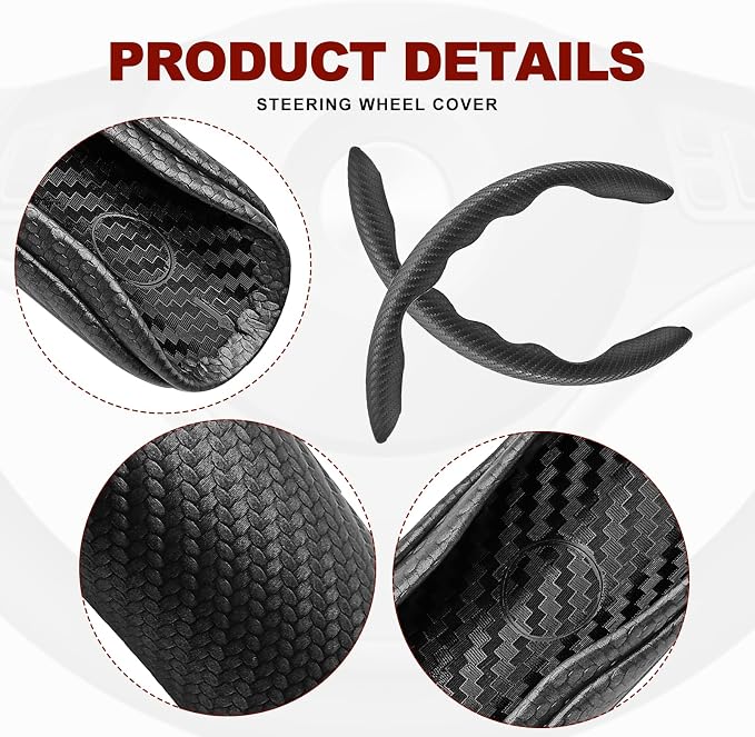 Universal Fit Carbon Fiber Steering Wheel Cover, Segmented Steering Wheel Protector, Carbon Fiber Anti-Skid Steering Wheel Cover Car Interior Accessories (2 Pcs Black)