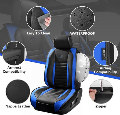 CAR PASS Nappa Leather Car Seat Covers Full Set, Luxury Seat Protector for Cars, Waterproof Anti-Slip Seat Cushion Armrest Compatible Airbag Universal for Sedan SUV Pick-up Truck Auto, Black Blue