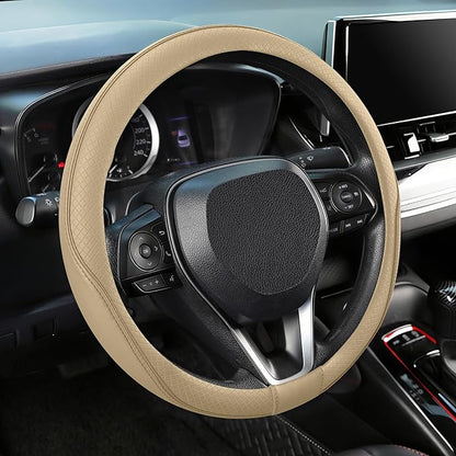 SEG Direct Steering Wheel Cover 14.5-15 inch (37-39 cm) Medium Size, Microfiber Leather, Non-Slip Comfortable Grip, Fits Cars Trucks SUVs, Beige