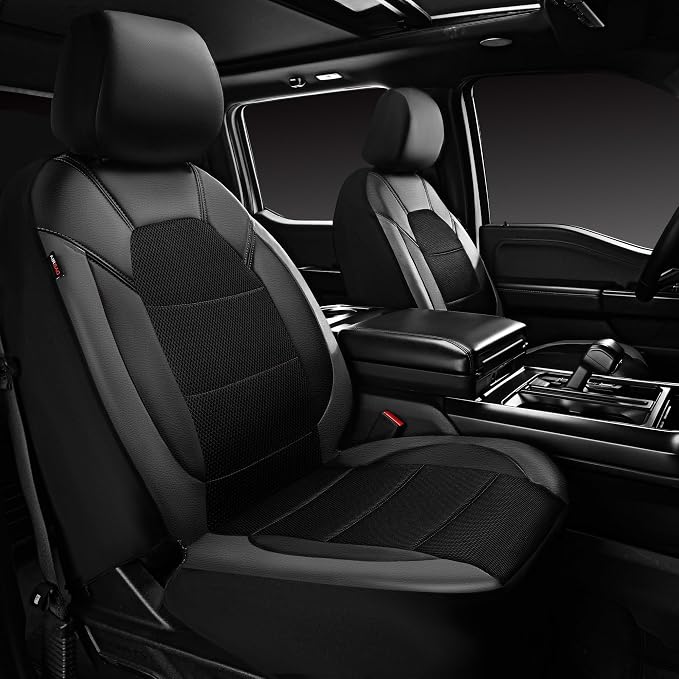 CAR PASS Leather Car Seat Covers Front Seats only, with Air Mesh Front Seat Covers Breathable, Cool Automotive Seat Covers 2 Pack, Universal Fit Most Cars,SUV,Truck,Van Airbag Compatible(Black Gray)
