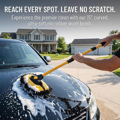 Car Wash Mop with Long Handle 15° Curved Extension Microfiber Scratch-Free Car Wash Brush with 1300GSM Thickened Drying Towel & Soft Bristle Tire Brush Complete Car Wash Kit (Yellow & Black)