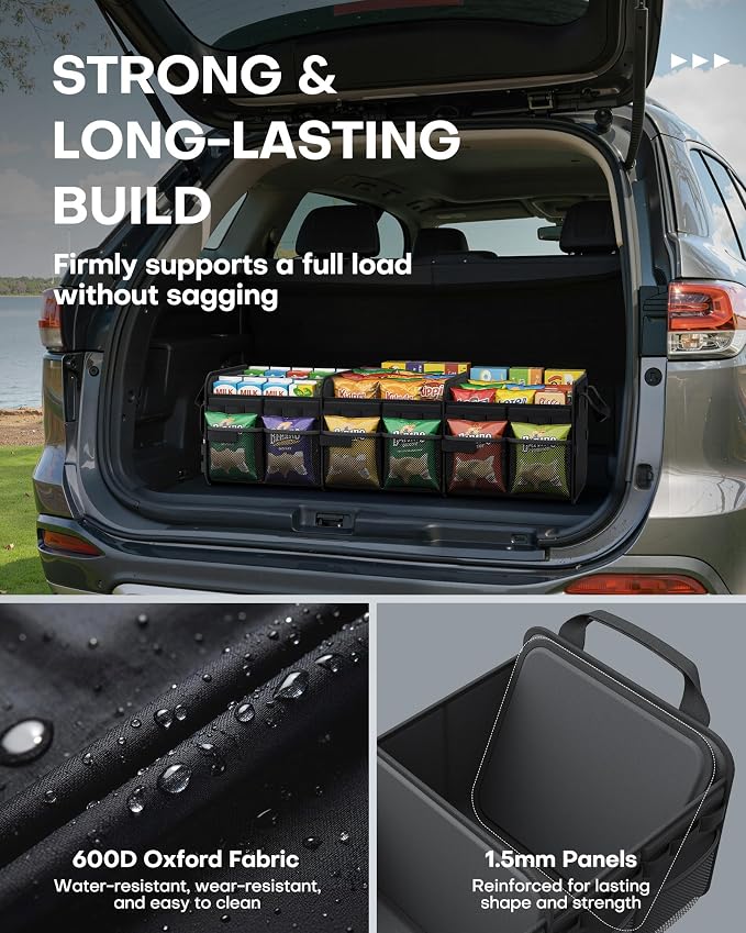 HOTOR Tactical Car Trunk Organizer - Foldable Trunk Organizer for SUV with Front MOLLE Pocket & Reflective Strips, Essential Car Accessories for Tools & Outdoor Storage, 15.0" x 31.5" x 11.0", Black