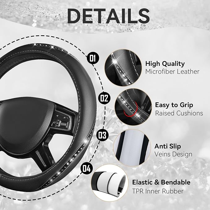 CAR PASS 14 PCS Bling Diamond Car Accessories Set for Women, Leather Seat Covers Front Seats Sparkly Rhinestone 15'' Steering Wheel Covers Shining Diamond Car Floor Mats Cute Interior Sets, Silver