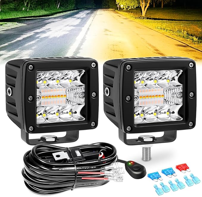 4 Inch LED Driving Pods, 120W Amber Spot Flood Combo Triple Row Off Road Light Bar with Wiring Harness, 6 Modes Dual Color Amber White Auxiliary Flashing Fog Light for Trucks SUV ATV UTV Jeep Boat