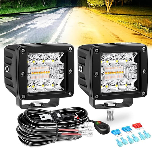 4 Inch LED Driving Pods, 120W Amber Spot Flood Combo Triple Row Off Road Light Bar with Wiring Harness, 6 Modes Dual Color Amber White Auxiliary Flashing Fog Light for Trucks SUV ATV UTV Jeep Boat