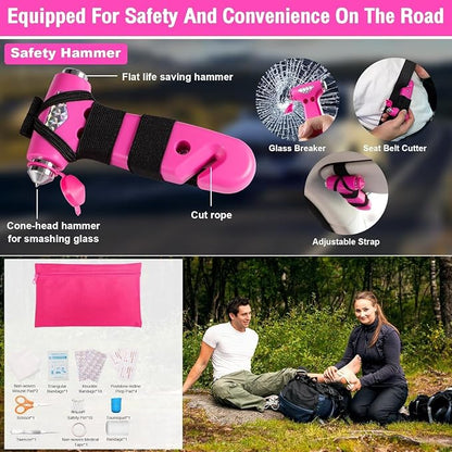 Roadside Emergency Car kit for Vehicles, with 4 in 1 Inflatable Car Vacuum Cleaner, Pink Jumper Cables, First Aid Kit, Tow Rope, Vehicle Road Trip Must Haves Pink Accessories for Women