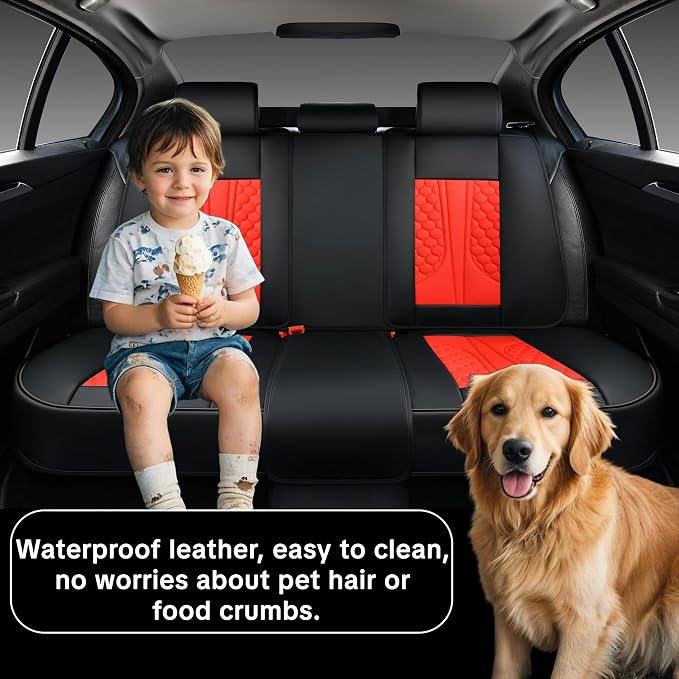 Car Seat Cover Set, Automotive Interior Accessories, Red, Waterproof Leather, With Lumbar Support, Airbag Compatible, 5-Piece Full Set, Pet-Friendly Car Seat Covers, Fits Suvs, Sedans, Pickup Trucks