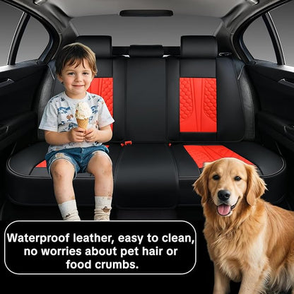Car Seat Cover Set, Automotive Interior Accessories, Red, Waterproof Leather, With Lumbar Support, Airbag Compatible, 5-Piece Full Set, Pet-Friendly Car Seat Covers, Fits Suvs, Sedans, Pickup Trucks
