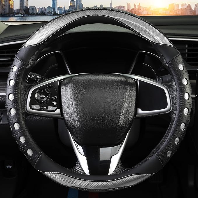 PU Leather Car Steering Wheel Cover with Anti-Slip Grip, for Women and Men, Universal Fit for 14.5-15 Inch Cars, Trucks, SUVs (Gray (Round), Medium(Standard) Size[14 1/2''-15''])