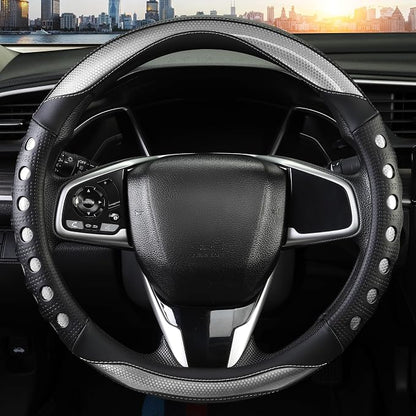 PU Leather Car Steering Wheel Cover with Anti-Slip Grip, for Women and Men, Universal Fit for 14.5-15 Inch Cars, Trucks, SUVs (Gray (Round), Medium(Standard) Size[14 1/2''-15''])