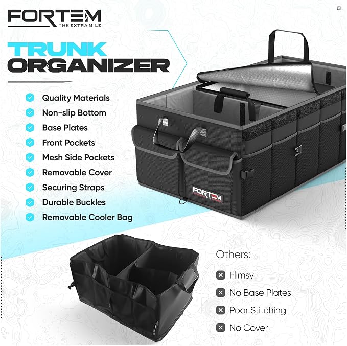 FORTEM Trunk Organizer with Cooler For SUV Car Trunk, Foldable Storage, Car Accessories for Women Men, Collapsible Bag, 600D Oxford, Non Slip Bottom, Straps, Soft Cover (105L)