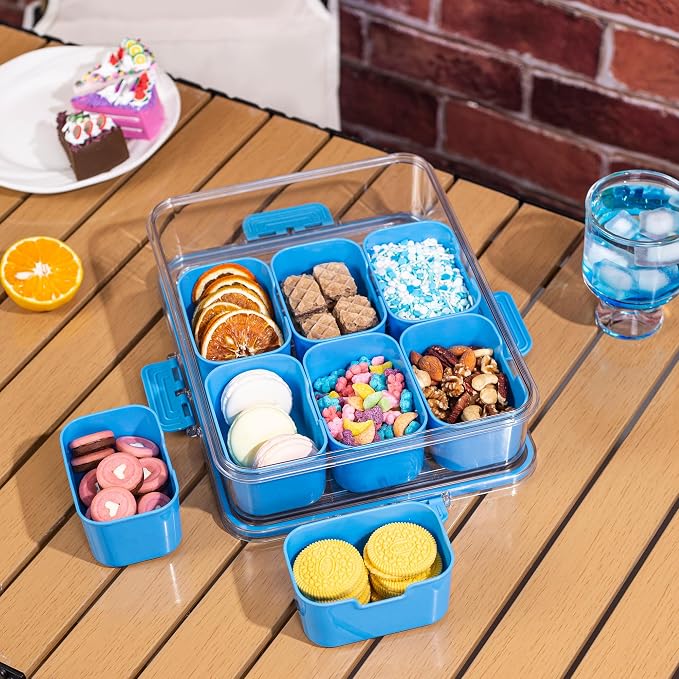 WACOI Divided Snack Serving Tray with Lid and Handle Travel Snackle Charcuterie Container Portable Storage Organizer for Candy, Fruits, Nuts, Snacks, Party, Picnic (1pack, Cerulean)