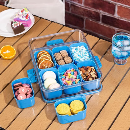 WACOI Divided Snack Serving Tray with Lid and Handle Travel Snackle Charcuterie Container Portable Storage Organizer for Candy, Fruits, Nuts, Snacks, Party, Picnic (1pack, Cerulean)
