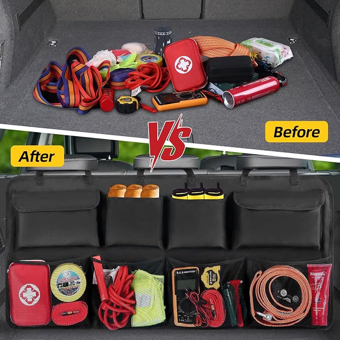 Car Backseat Hanging Trunk Organizer Extra-Long, 30% More Storage, 8 Large Pockets Car Storage Bag for SUV, Truck, Van – Super Capacity SUV Hanging Organizer for a Neat & Clutter-Free Space - Black