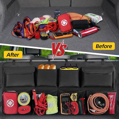 Car Backseat Hanging Trunk Organizer Extra-Long, 30% More Storage, 8 Large Pockets Car Storage Bag for SUV, Truck, Van – Super Capacity SUV Hanging Organizer for a Neat & Clutter-Free Space - Black