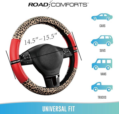 Road Comforts Leopard Steering Wheel Cover for Women, Cute Anti-Slip Microfiber Leather, Universal Fit 14.5-15 Inch Round Steering Wheel - Red