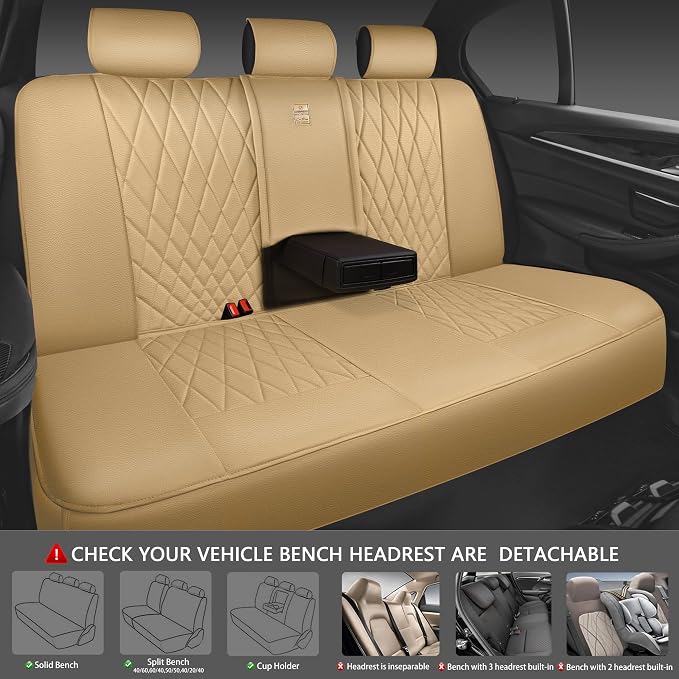 CAR PASS Piping Luxury Leather Seat Covers Full Set,5 Seats Leatherette Anti-Slip Waterproof Seat Covers Compatible with Front Armrests,Universal Fit for Suvs,Vans,Trucks,Airbag Compatible,Pure Beige