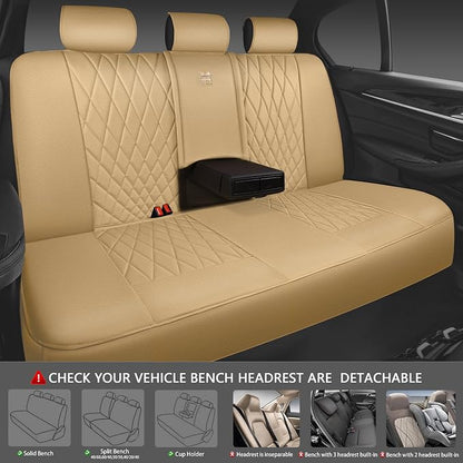 CAR PASS Piping Luxury Leather Seat Covers Full Set,5 Seats Leatherette Anti-Slip Waterproof Seat Covers Compatible with Front Armrests,Universal Fit for Suvs,Vans,Trucks,Airbag Compatible,Pure Beige