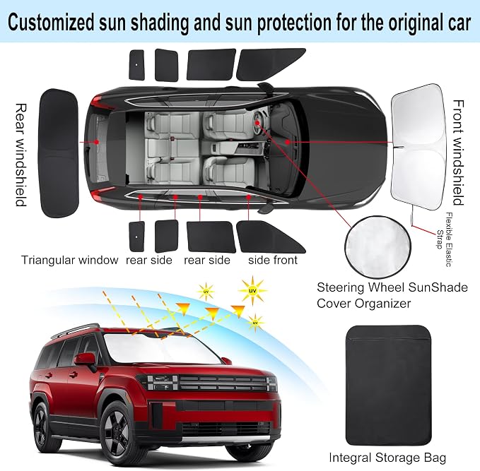 TINGLU Window Shades for Hymdai Santa Fe 2024-2026 Accessories Car Side Full Windows Rear Triangular Windshield Sun Shade Sun UV Rays & Privacy Protection for Camping 10PCS