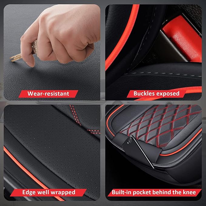 MIROZO Ram Seat Covers Full Set –Waterproof Truck Seat Covers Leather Car Seat Protector Fits 2009-2026 Ram 1500/2500/3500 Crew Quad Regular Cab Pickup with Split Flat Bench 40/60,Black and Red