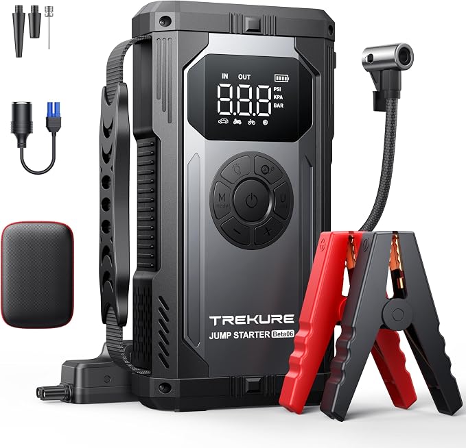 TREKURE 8-in-1 Jump Starter with Air Compressor 6000A 150PSI Portable Car Battery Jump Starter (All Gas/10L Diesel), 12V Jump Box Car Battery Jumper Starter Portable with Jumper Cables, Lights