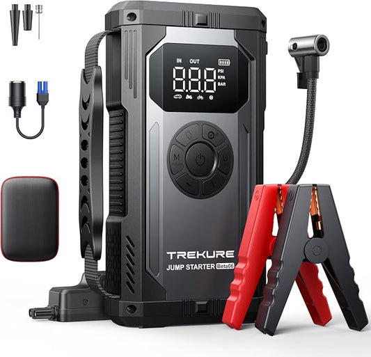 TREKURE 8-in-1 Jump Starter with Air Compressor 6000A 150PSI Portable Car Battery Jump Starter (All Gas/10L Diesel), 12V Jump Box Car Battery Jumper Starter Portable with Jumper Cables, Lights