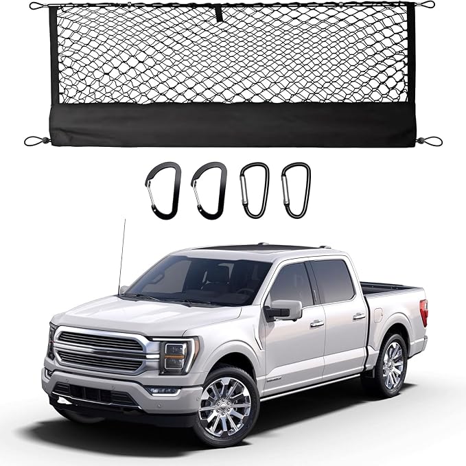 Truck Bed Cargo Net for Ford F150 2015-2024 2025, Envelope Style Pickup Cargo Net with Storage Bag, Heavy Duty Elastic Mesh Organizer with Carabiners, Secures Groceries & Gear