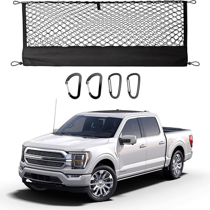 Truck Bed Cargo Net for Ford F150 2015-2024 2025, Envelope Style Pickup Cargo Net with Storage Bag, Heavy Duty Elastic Mesh Organizer with Carabiners, Secures Groceries & Gear