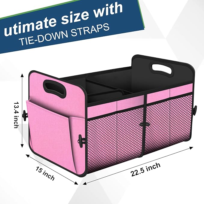 Femuar Car Trunk Organizer,Car Storage Organizer with 72L Large Capacity Waterproof Collapsible and 11 Pockets,Trunk Organizer for Car Suv/Jeep/Sedan, Large Size, Pink